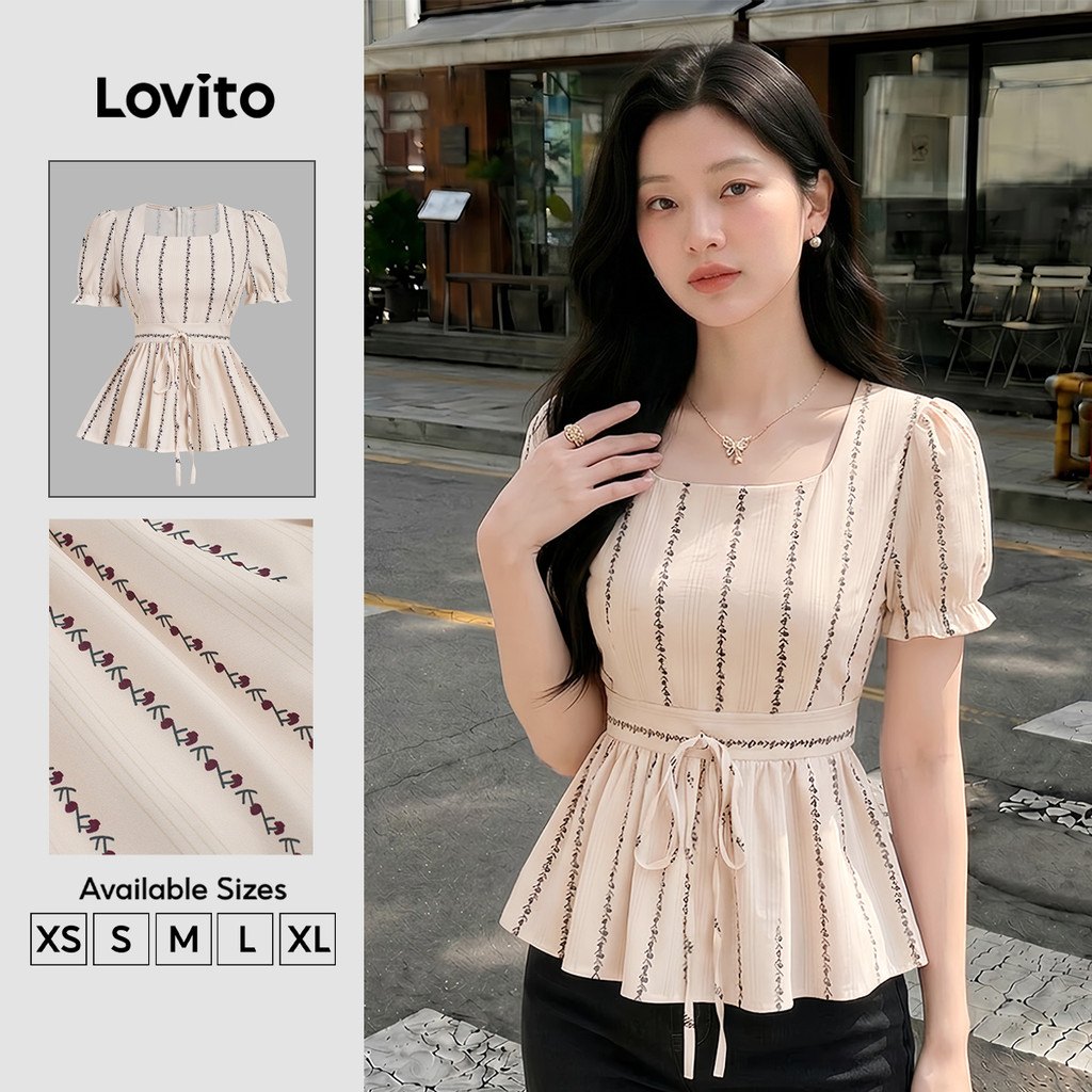 Lovito Casual Blusa com Amarração e Babados Na Barra Linha Estruturada Primavera/verão para Mulheres Bordado L178ED2127