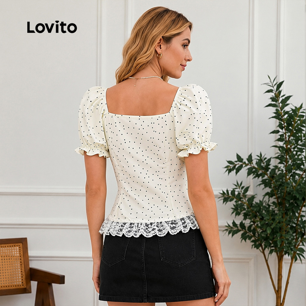 Lovito Casual Blusa Amarrar Primavera/Verão Renda Blusa Branca Para Mulheres Bordado LK2LD331 — imagem 2 de 2