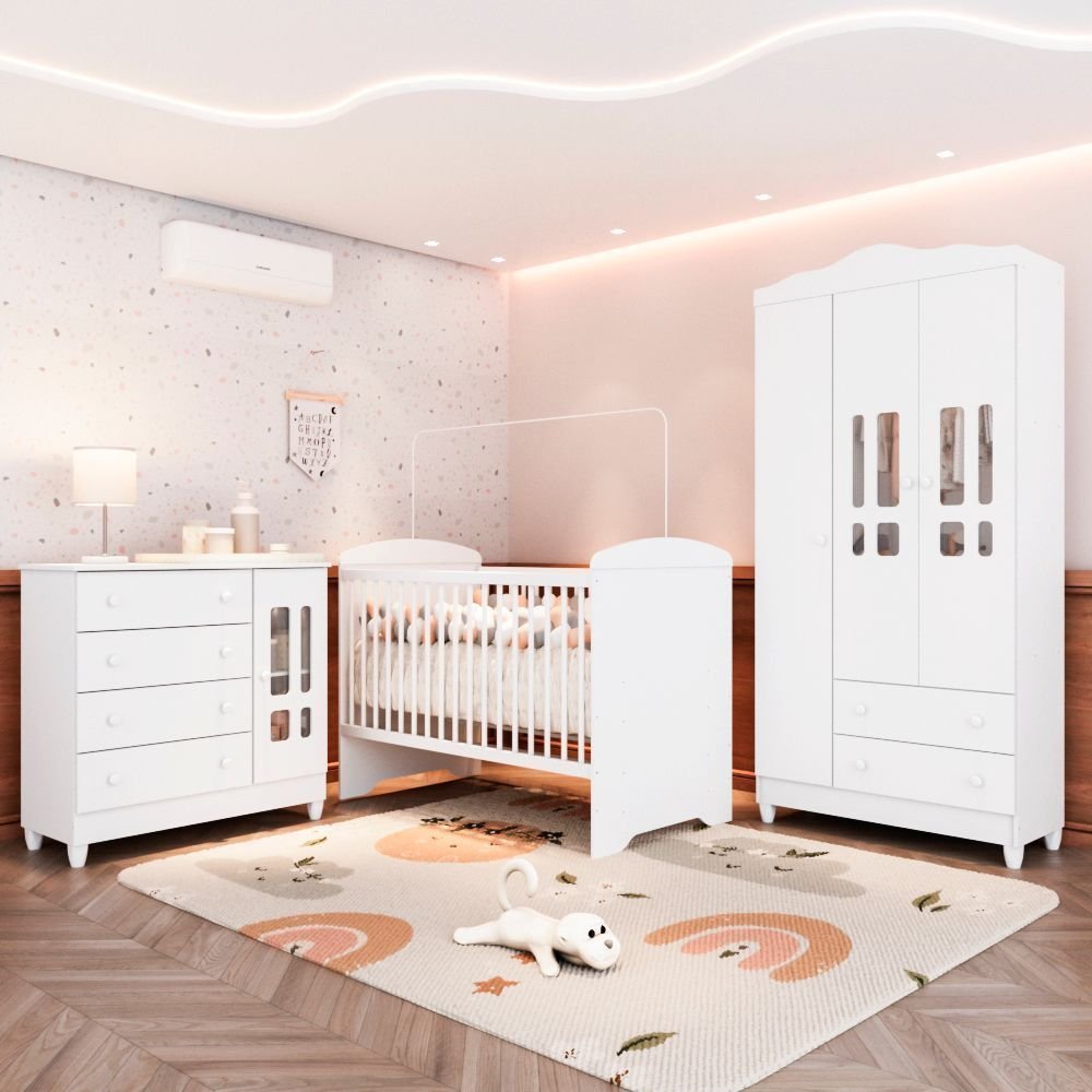 Quarto Bebê Completo Berço 3EM1 Eloá Guarda Roupa 3 Portas Cômoda 4 Gavetas 1 Porta MDF Branco Branco