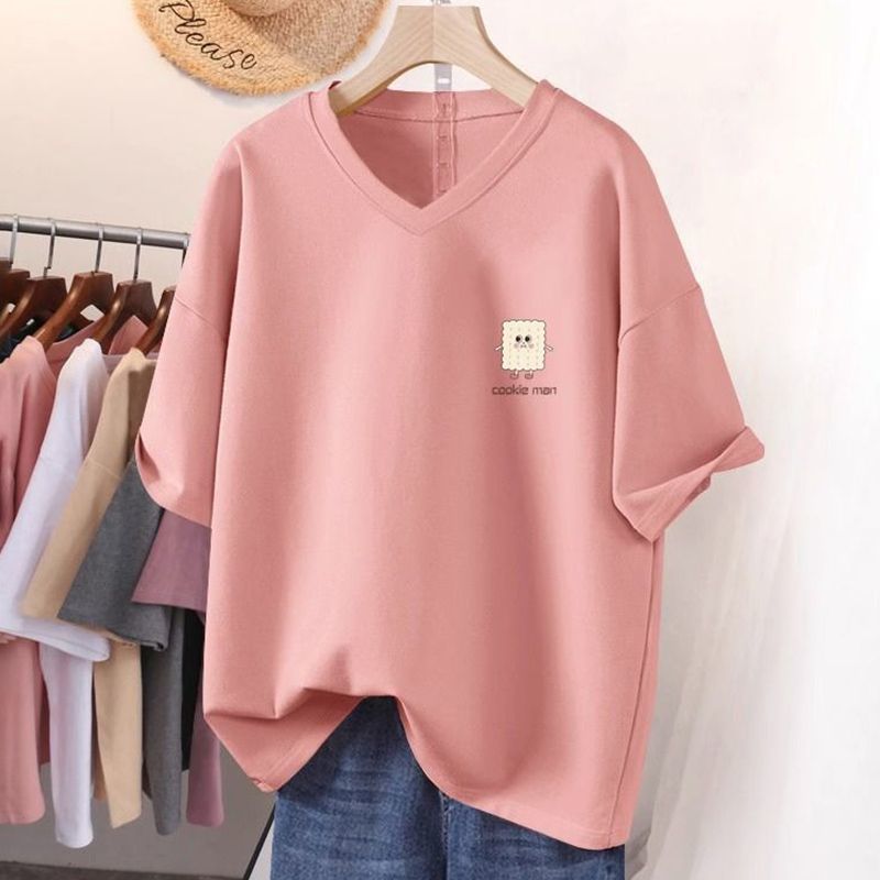 [Roupas femininas plus size] Camiseta Casual solta 150kg pode usar roupas femininas plus size 150kg gordura mm puro algo