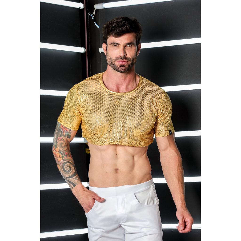 Cropped Masculino em Paetê Brilho Moda Masculina Casual Festa Estilo Lantejoula
