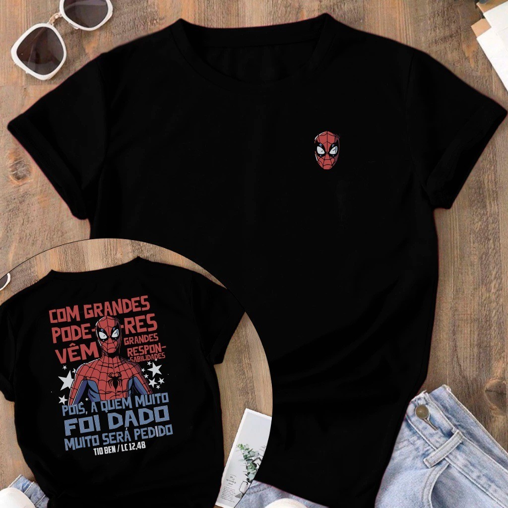 Camiseta Masculina Algodão Estampa Homem Aranha Grandes Poderes Religiosa Blusa Estampada Camisa 100% Algodão Unissex