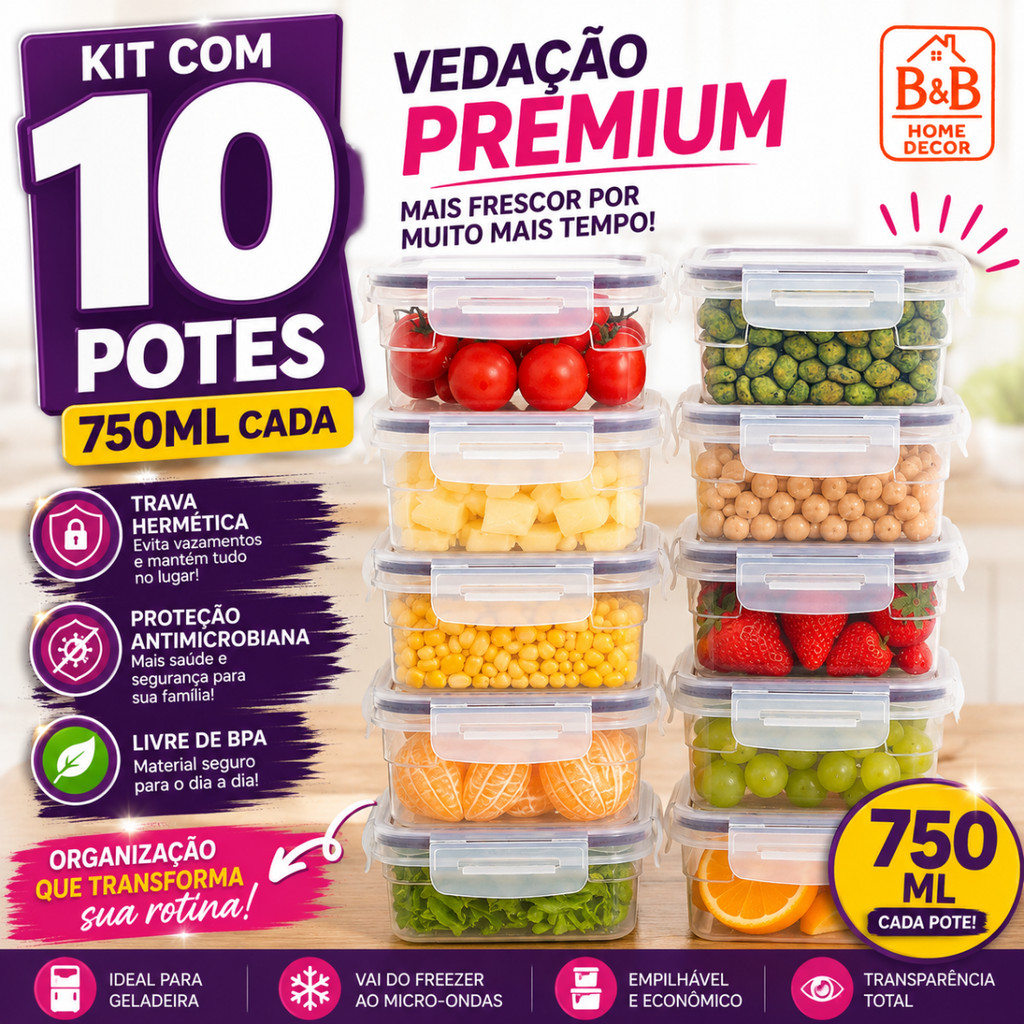 Kit 10 Potes Herméticos 750ml Marmita Fit Reutilizável BPA Free Organizador Geladeira Porta Alimentos