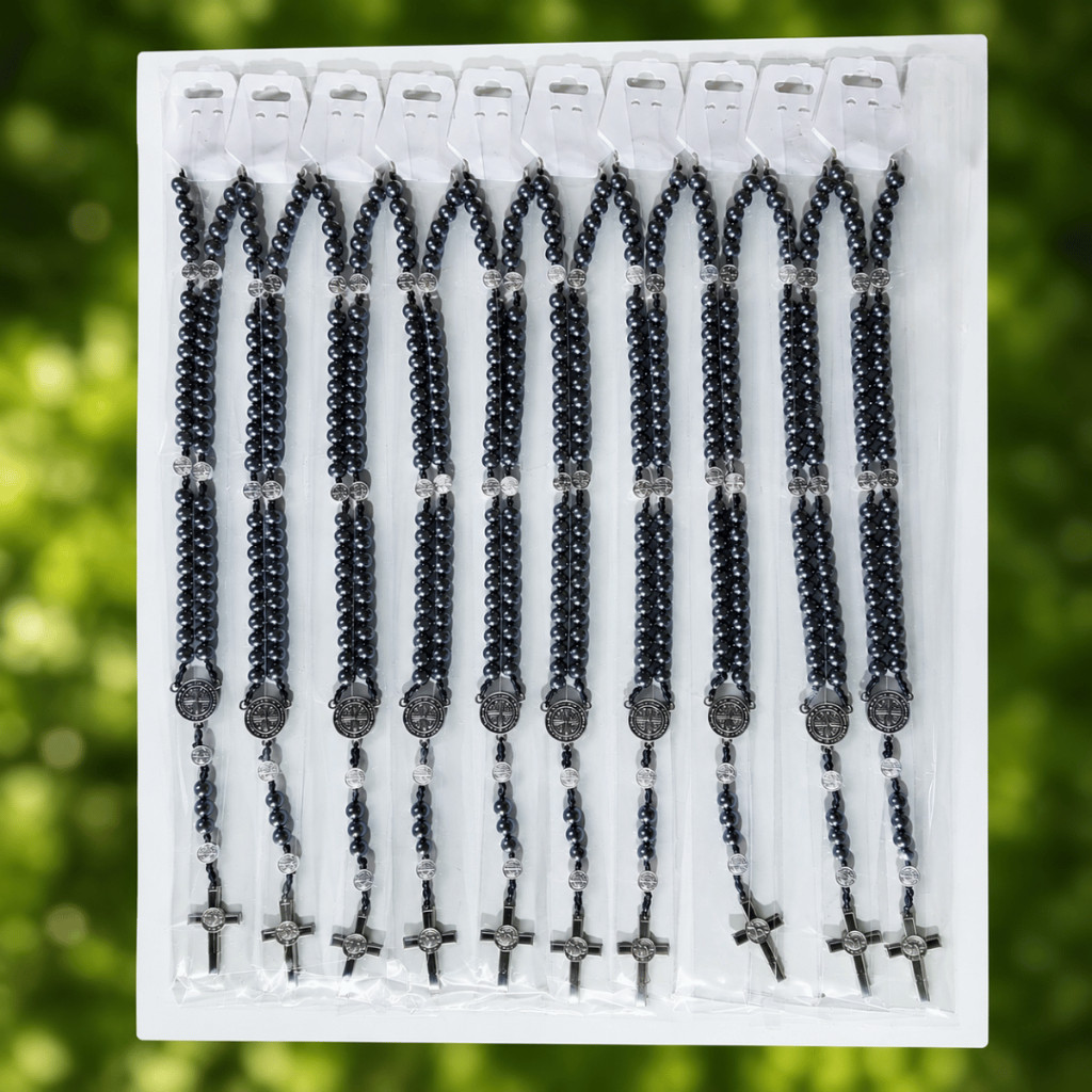KIT 12 PCS Terço de Pescoço em Pedra de Hematita 10mm com Medalhas de São Bento