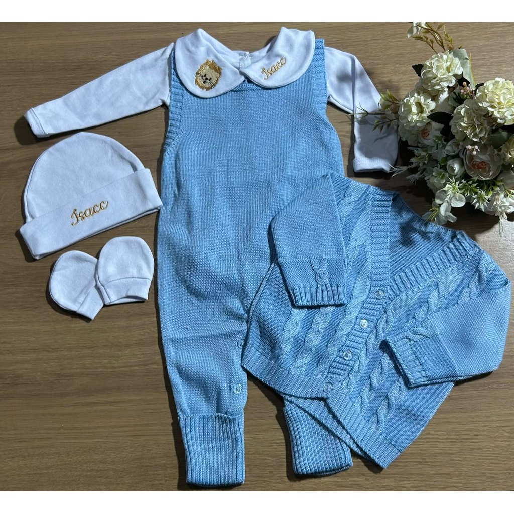 Conjunto saida maternidade tricot Personalizado com o nome do seu bebê menino menina 5 peças