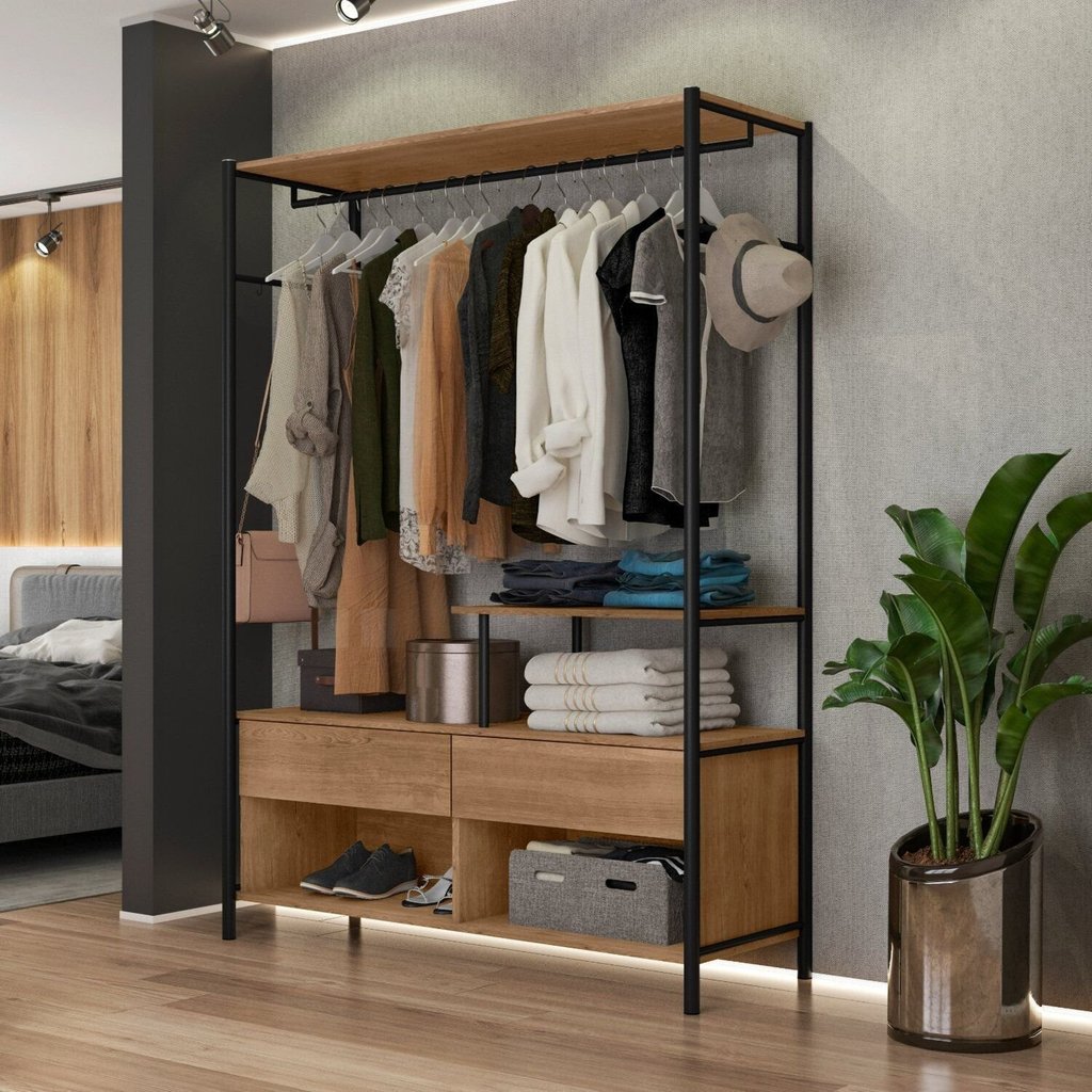 Guarda-Roupa Closet Industrial para Casal de Ferro 2 Gavetas 5 Prateleiras Barcelona Marrom/Preto/de