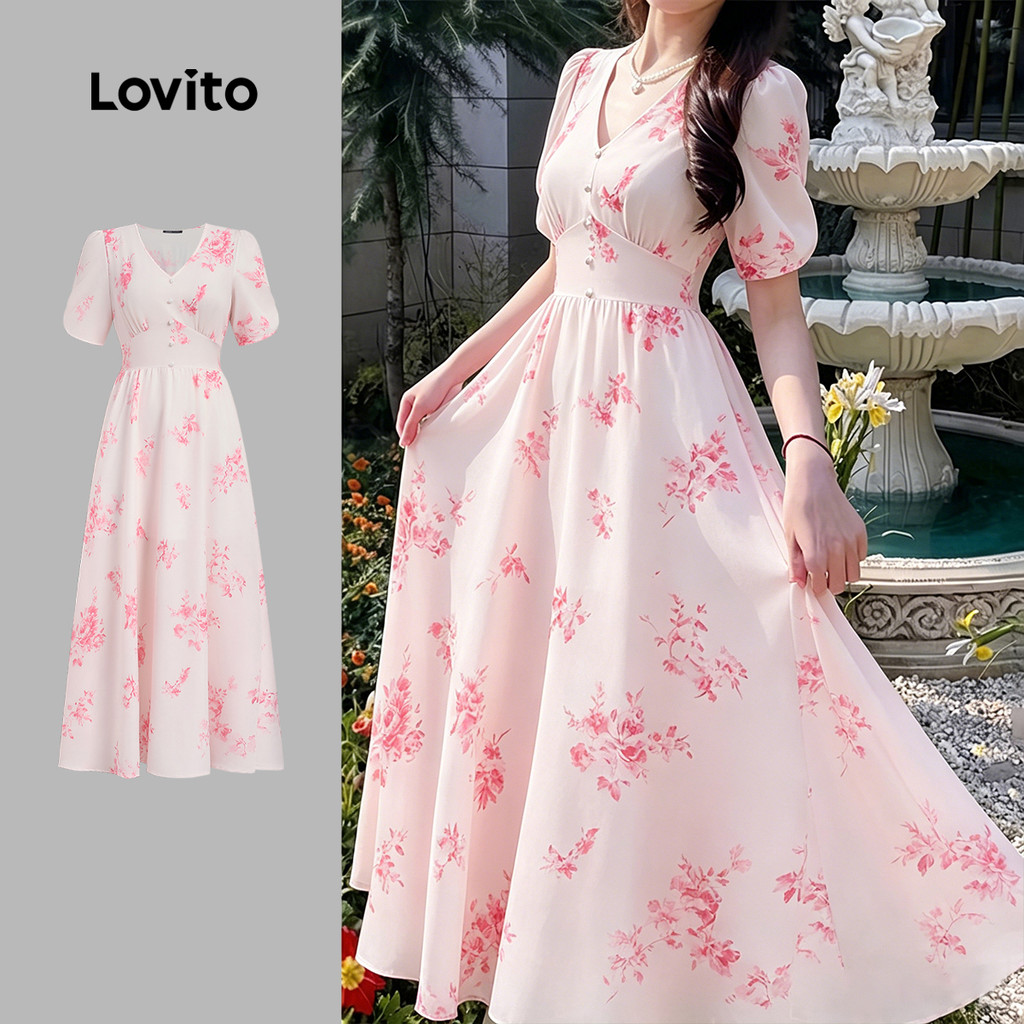 Lovito Vestido Midi Rosa De Primavera/verão Com Decote Em V Mangas Bufantes E Zí