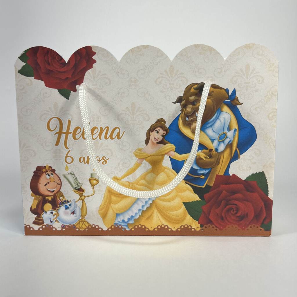Kit Sacolinha Sacola Papelaria Personalizada Princesa Bela e a Fera Lembrancinha Caixinha para Festa