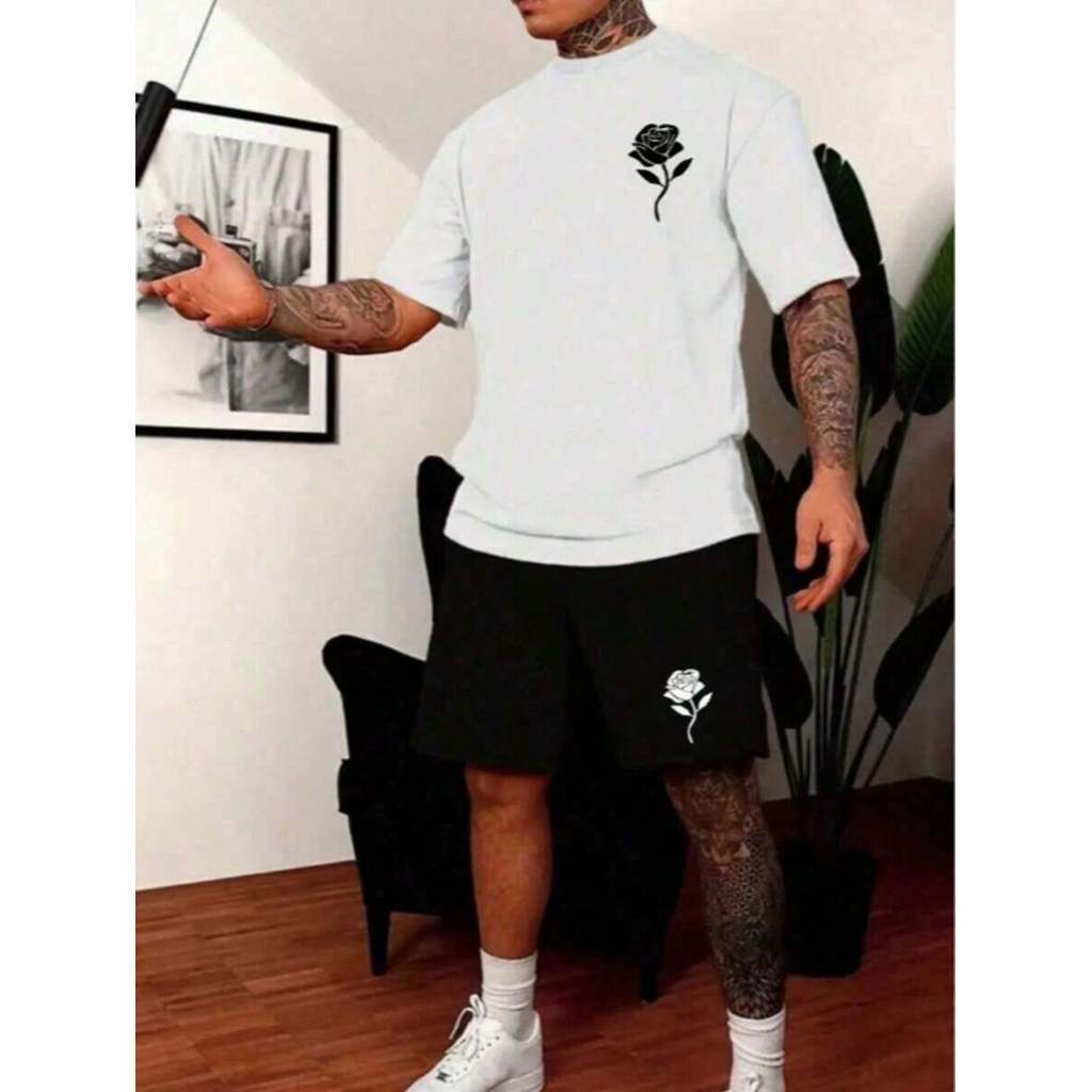 Conjunto ROSA Flor Bco Camiseta e Short Tactel Masculino Bermuda Treino Academia Esporte Fitness Casual