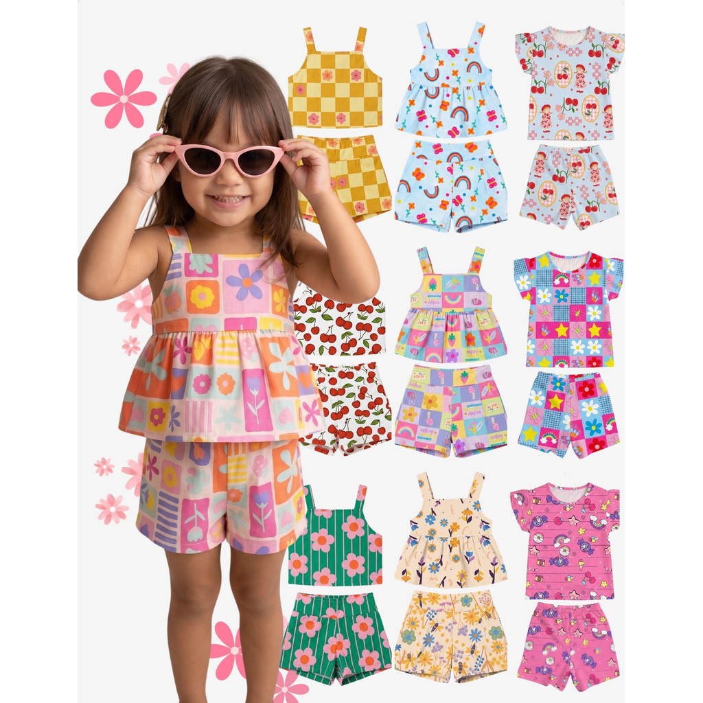 Kit Sortido 08 Peças de Roupas Infantil Menina (4 Camisetas + 4 Shorts) Kit 4 Conjuntos femininos Verão 02 ao 10 anos