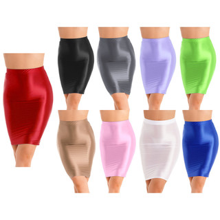 Saia Lápis Feminina Brilhante de Cintura Alta Yeahdor, Elástica, Casual, Cor Sólida, Ajustada, Ideal para Clubes e Festi