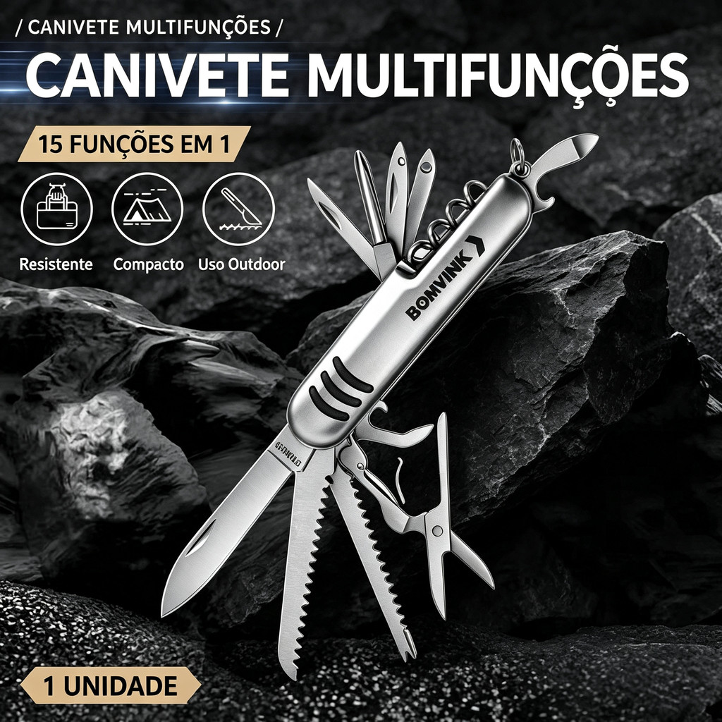 🎁 Canivete Multifuncional 15 Em 1 Inox | Ferramenta De Bolso Compacta Para Camping, Pesca E Sobrevivência