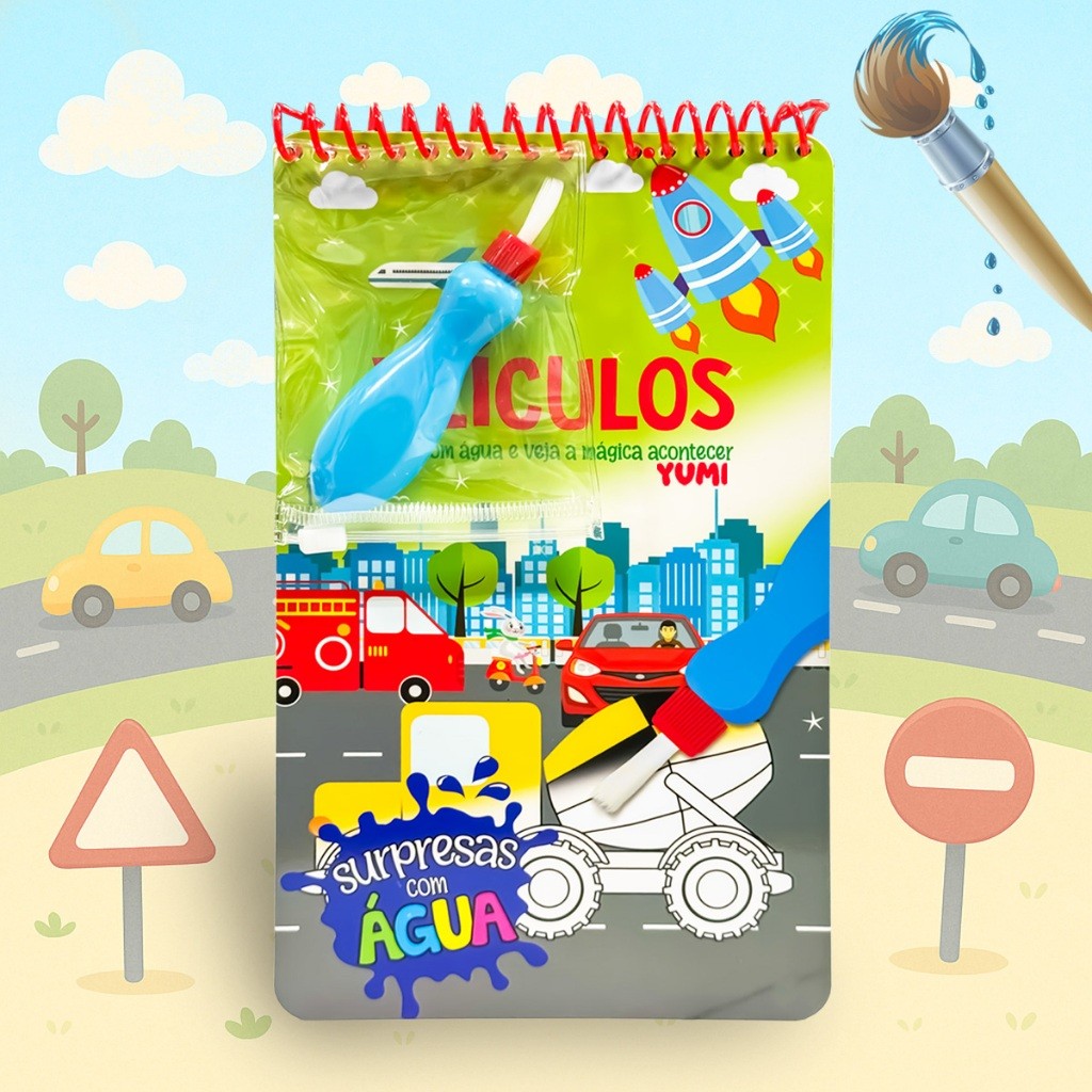 Livro Infantil Desenhos Carros Veículos Pinta Com Água Capa Dura Agua book Aquabook