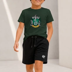 Kit Camiseta Infantil Menino Harry Potter Brasão Sonserina Slytherin e Bermuda Moletinho