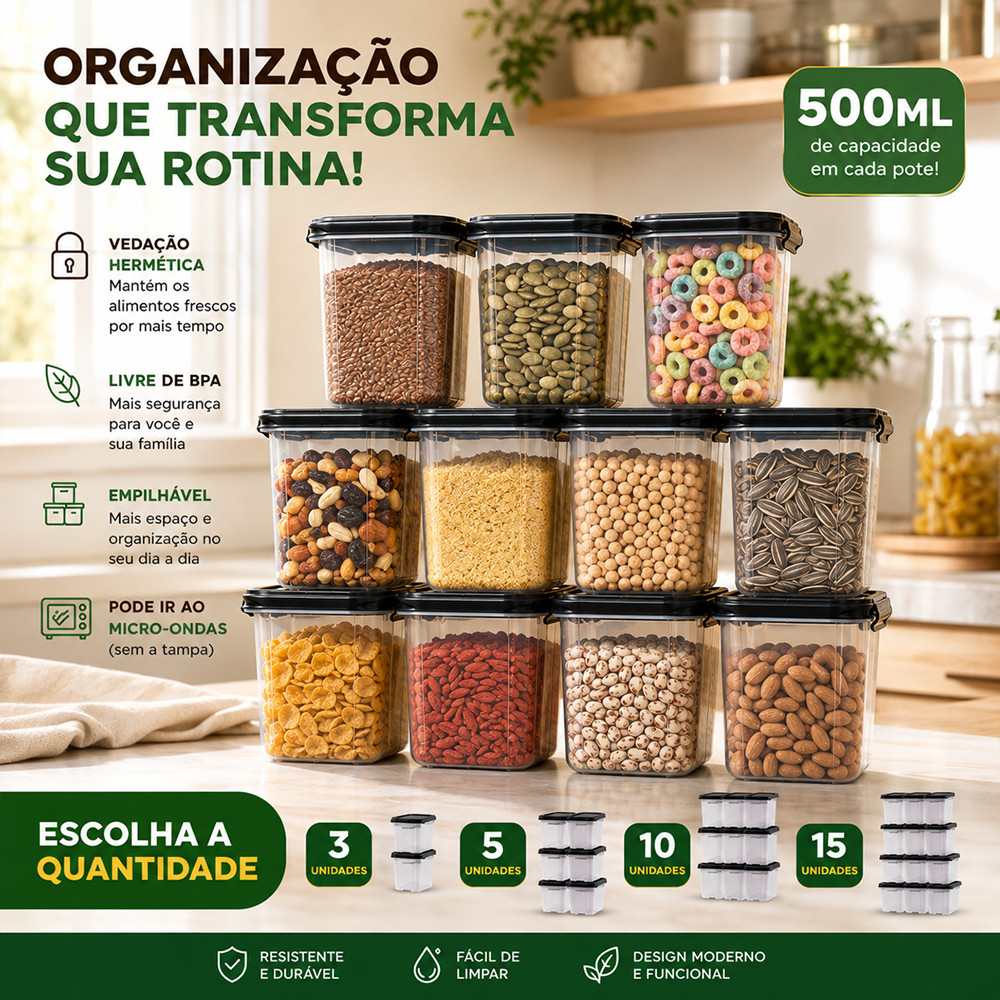 Kit Marmita Fitness Potes Plásticos 500ML P/ Microondas e Geladeiras Dietas Porta Condimentos