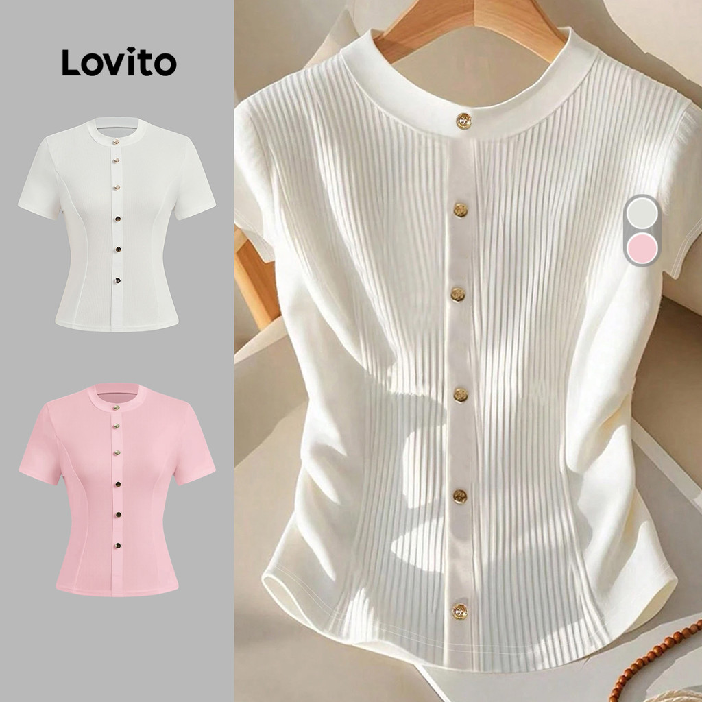T Shirt Feminina Estilosa Lovito Canelada Casual Camiseta Branca com Botão Para