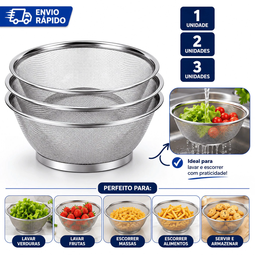 Cesto Escorredor Inox 25cm para Lavar Alimentos 1 2 3 Unidades — imagem 1