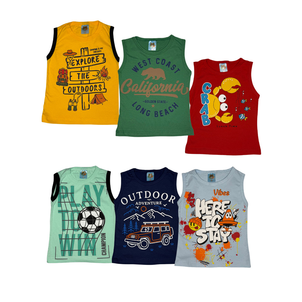 Kit 3 Regatas Infantil Menino Básica Estampada Sortido Tamanho 1 ao 8 anos Casual