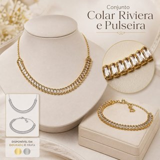 Kit Colar e Pulseira Riviera Feminino com Pedras Dourado Prata 2 Peças