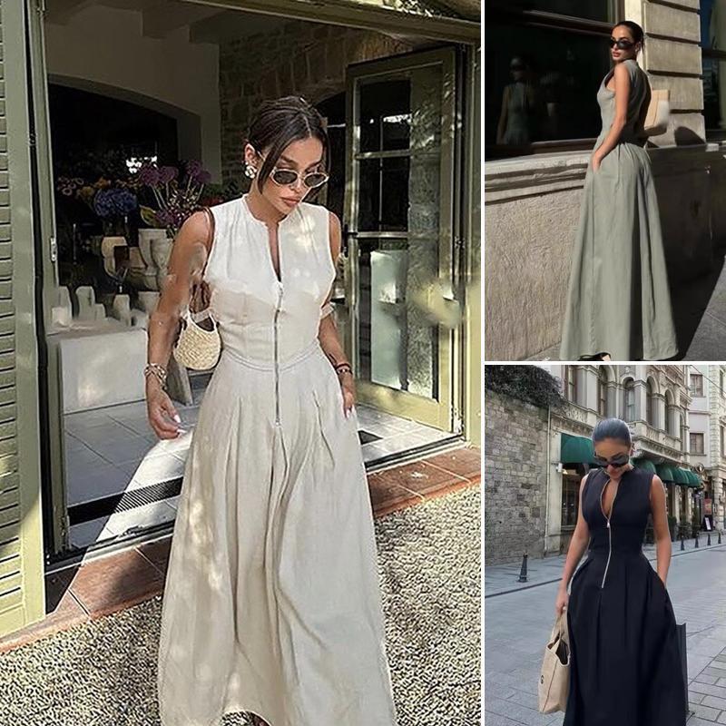 Verão novo estilo sem mangas vestido de cintura estreita saia longa2902586