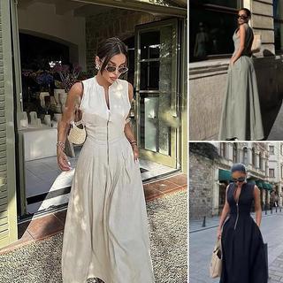 Verão novo estilo sem mangas vestido de cintura estreita saia longa2902586