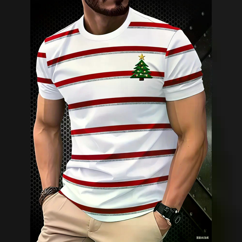 Camiseta Masculina Listra De Natal Impressão 3D Topo Masculino Na Moda Versátil Curto O-Pescoço Roupas Masculinas Casuai