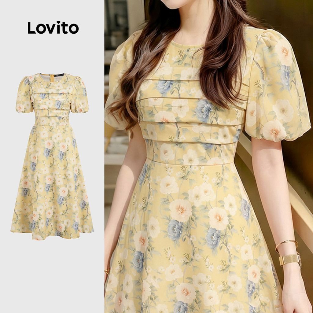 (New Arrival) Lovito Vestido Boho com Padrão Plissado Primavera/verão para Mulhe