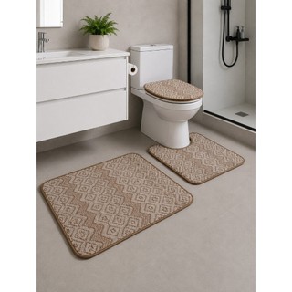 Tapete Banheiro Kit Com 3 Peças Antiderrapante Macio Estampa Geométrica Lisa Decoração Elegante