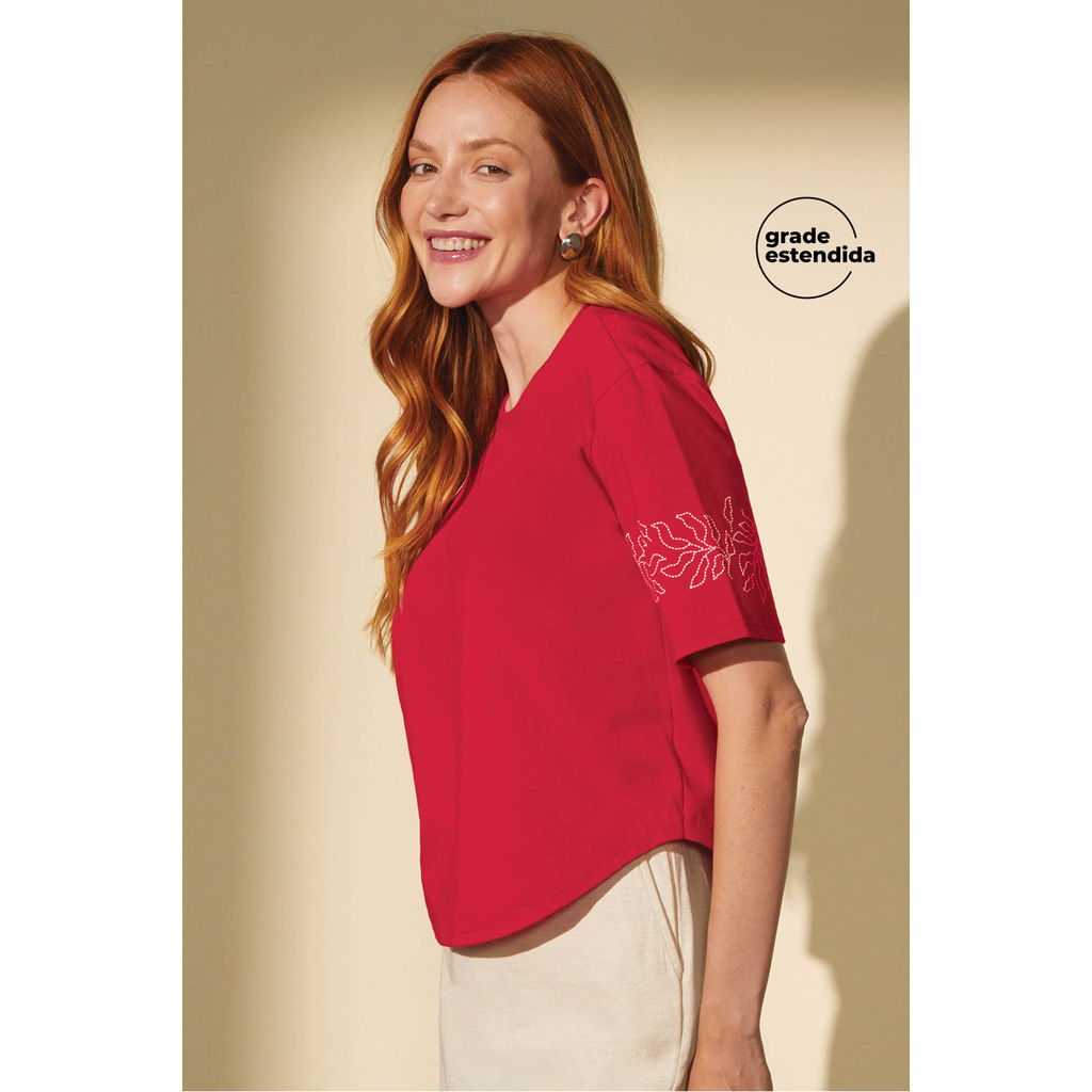 T-Shirt Feminina Mangas Curtas Com Puff Marialícia Vermelho