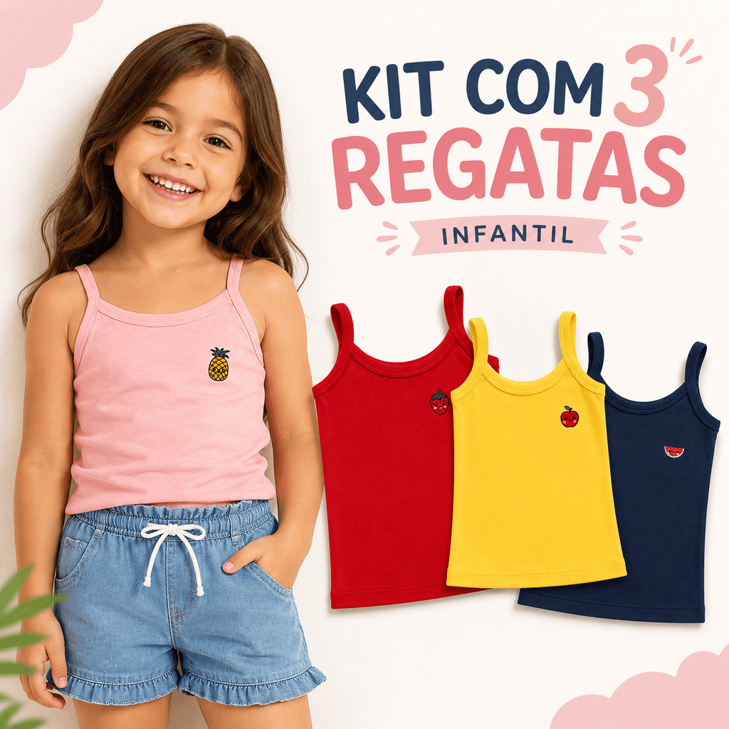 Kit 3 Regatas Infantil Feminina Algodão Alcinha Baby Look Estampas Sortidas Frutinhas Blusa Camiseta Criança