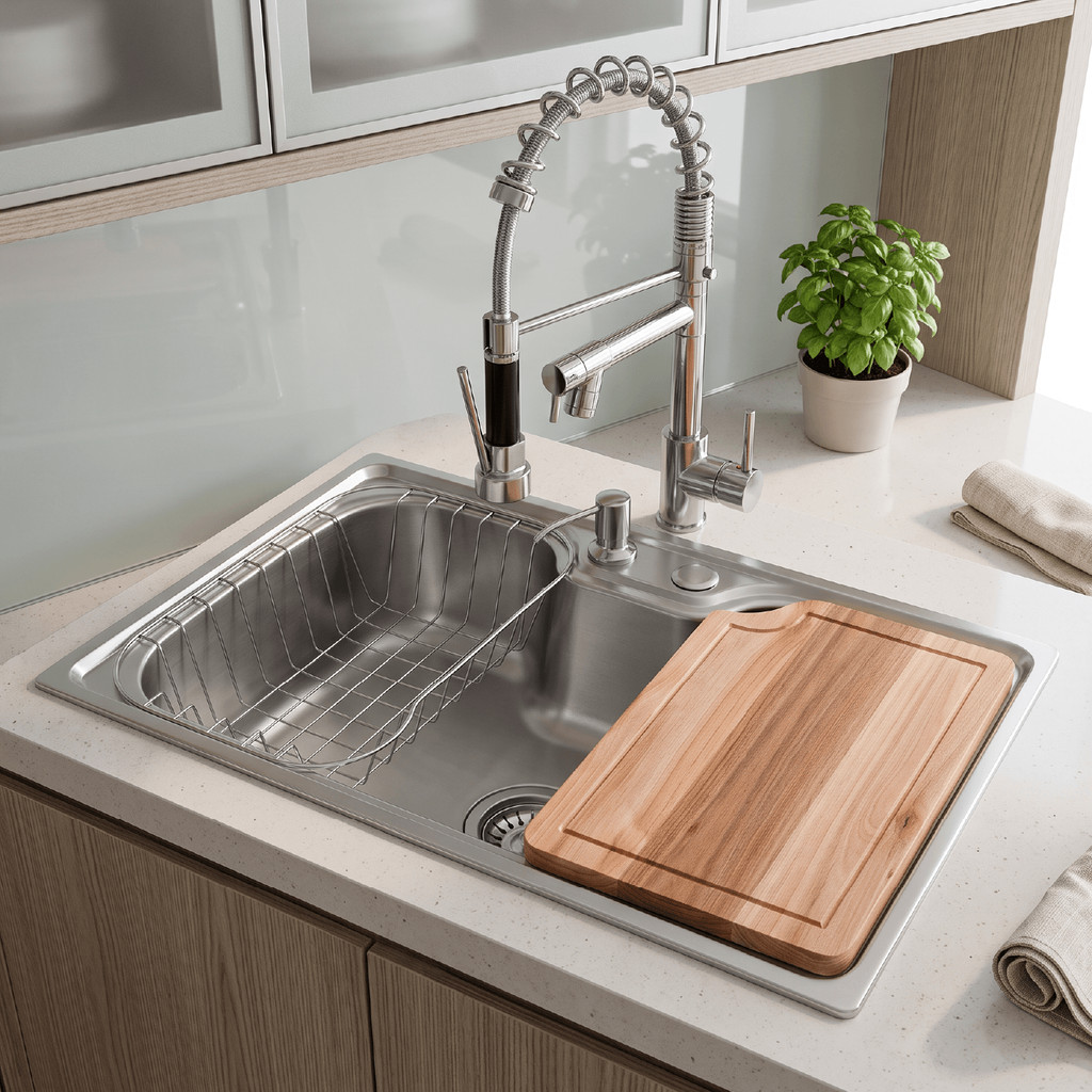 Kit Cuba Gourmet Aço Inox 50x40 Cozinha Torneira Spray Monocomando de Bancada Tábua de Corte Cesto Escorredor Dispenser