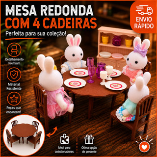 Mini Mesa Redonda Com 4 Cadeiras Casa de Bonecas Compatível Sylvanian Families Calico Critters