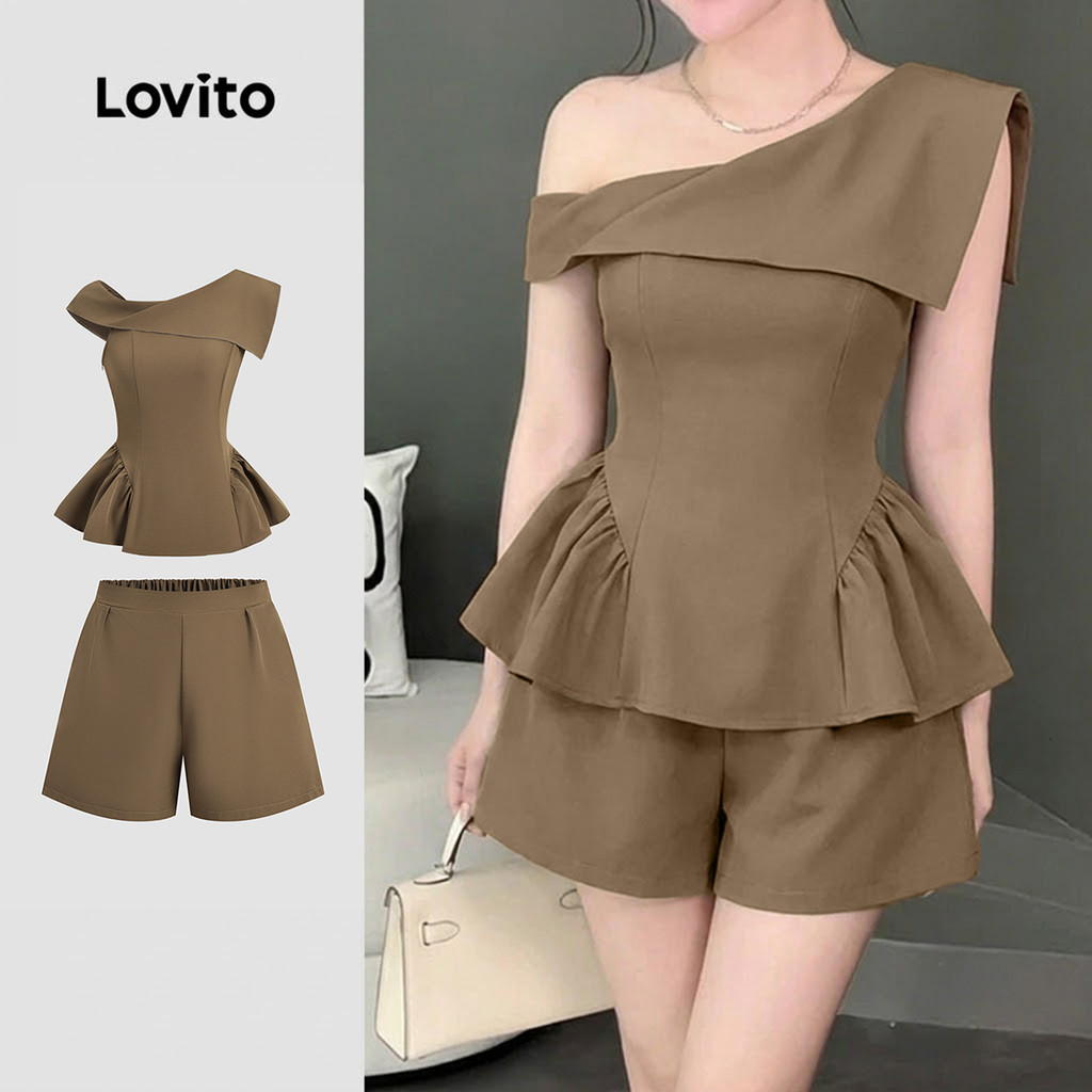 (New Arrival) Lovito Conjunto Casual de Primavera/verão Conjunto de Shorts Cáqui para Mulheres LK4ED842