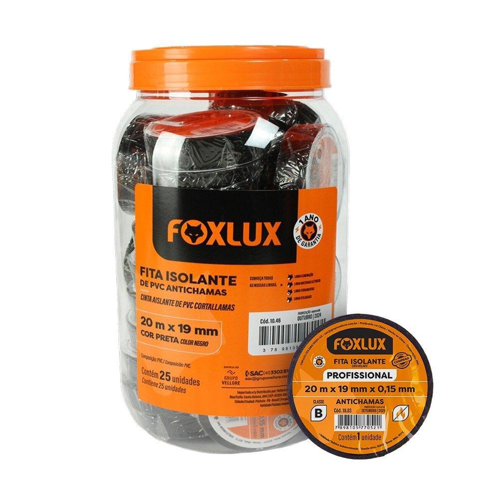 Fita Isolante Foxlux 19MMx20M Preto Pote - Embalagem com 25 Unidades