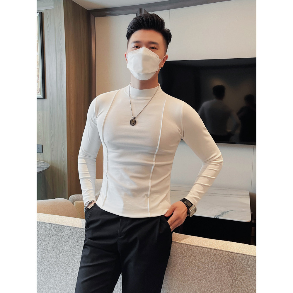 Decoração listrada meia gola alta manga comprida camiseta masculina primavera outono fino ajuste estiramento cor sólida 