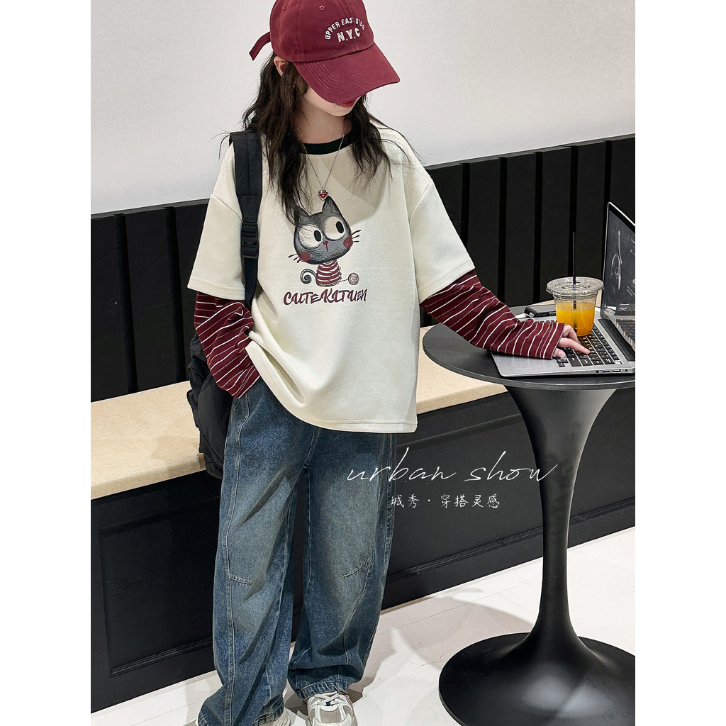 Meninas de manga comprida camiseta outono 2025 novo estilo crianças versão coreana moda forro de lã camisa de fundo meni