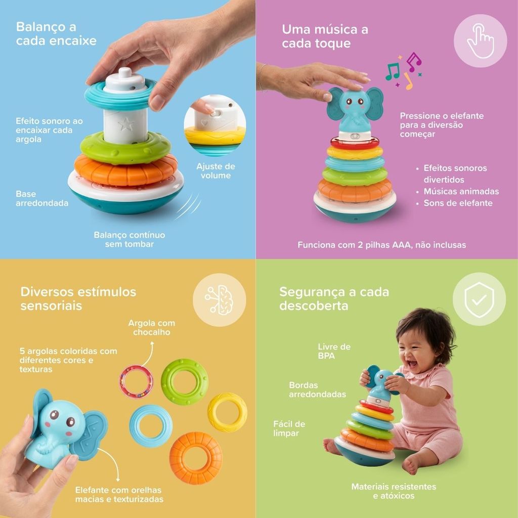 Brinquedo Educativo Bebê Torre De Empilhar Anéis Chocalho Som Mordedor Rings Toy Maxi Baby — imagem 2 de 2