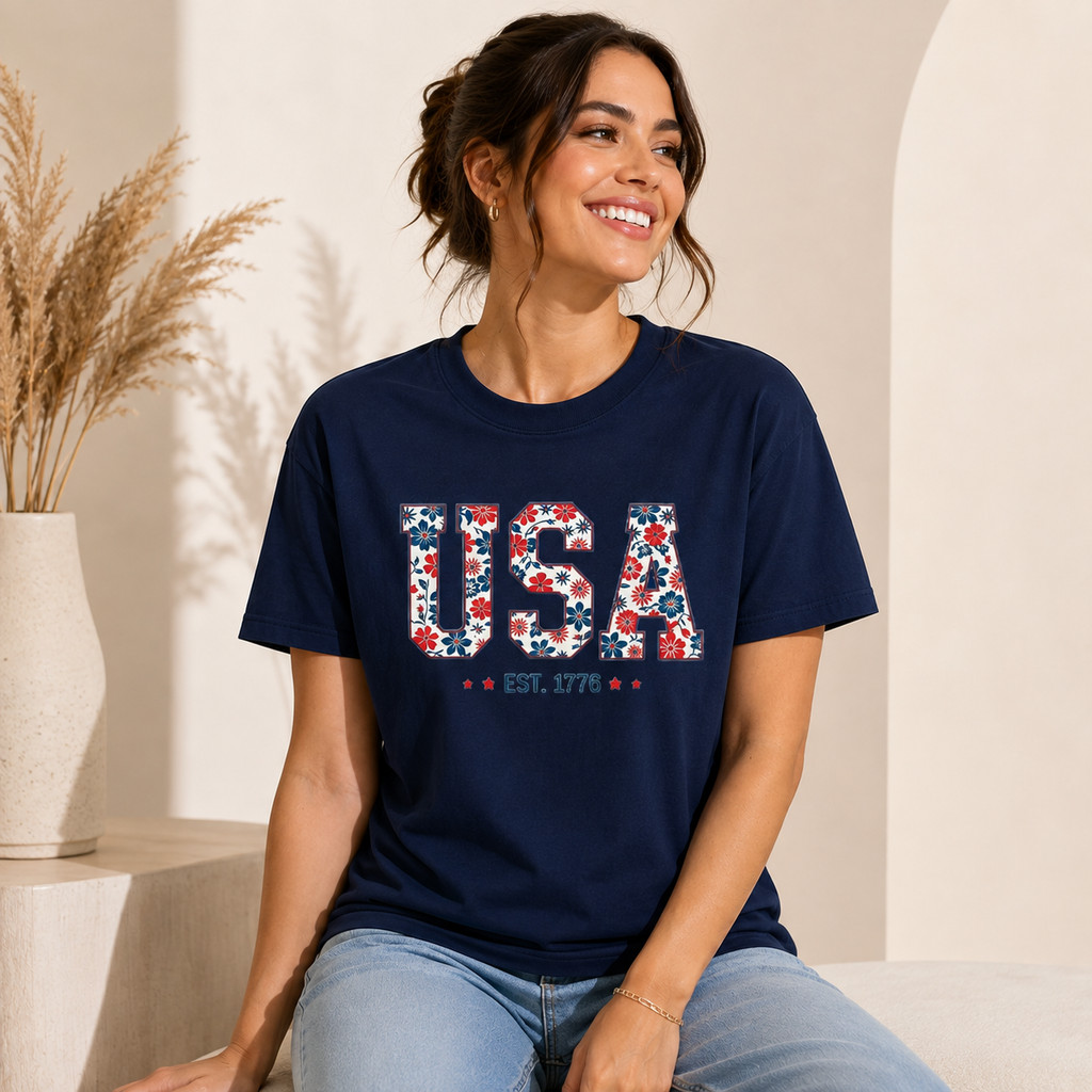 Camiseta Feminina Casual Básica Estilosa Confortável Estampa Floral USA para Dia a Dia