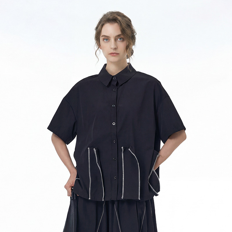 Olhos grandes [Roupas femininas estilo Yamamoto] Camisa de manga curta-3 cores Patch de verão Plus Size Roupas femininas