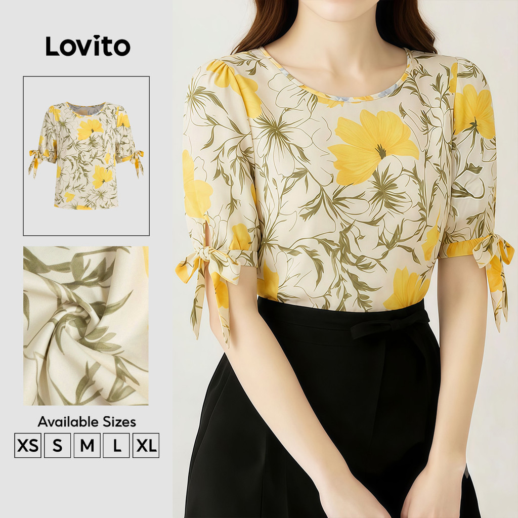 (New Arrival) Lovito Blusa Feminina Elegante Floral De Manga Curta Gola Redonda Amarração Primavera/Verão Trabalho BLB201P1D1003