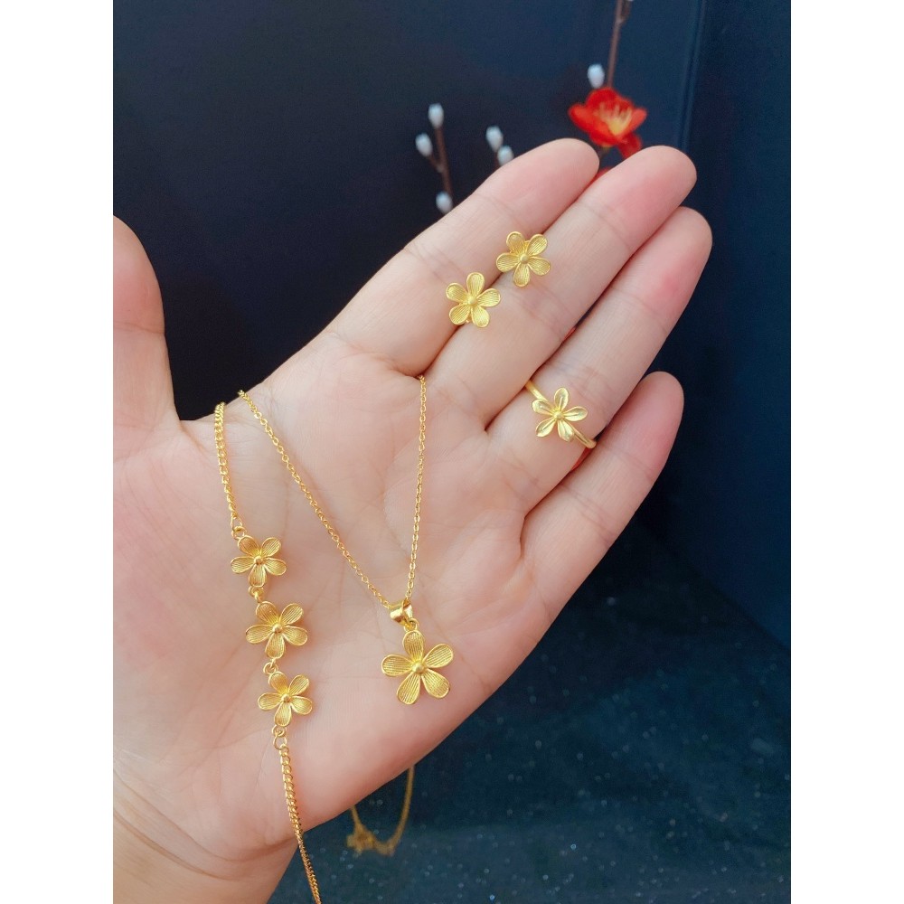 Areia ouro liga de cobre pequena flor conjunto jóias pulseira colar anel brincos feminino clavícula corrente doce ouro j