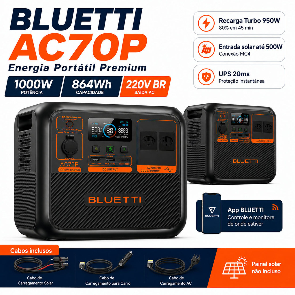 BLUETTI AC70P Estação de Energia Portátil 1000W 864Wh 220V LiFePO4 Gerador Solar UPS
