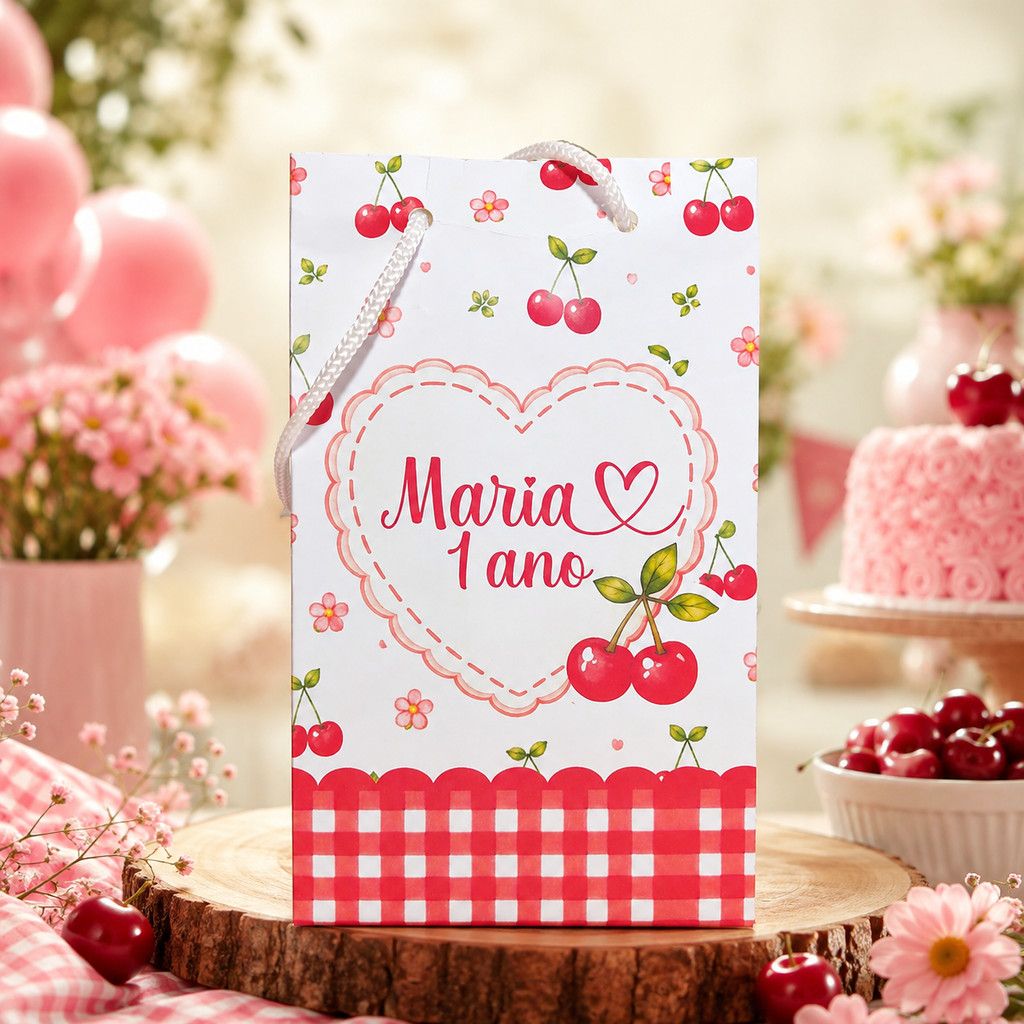 Sacolinhas Personalizada Pequena Cerejinha vermelha Personalizado Com Nome e Idade Festa Infantil Lembrancinha