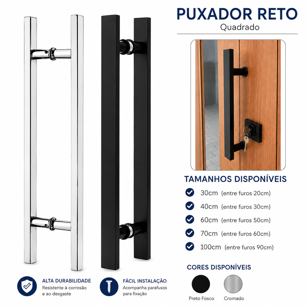 Puxador Duplo Metal Robusto Inoxidável Quadrado Para Portas Vidro Madeira Preto Cromado Maciço 30,40,60,70cm e 1 Metro