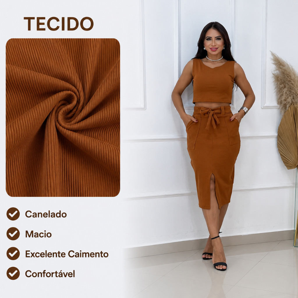 Conjunto Feminino Cropped e Saia Midi Canelada com Fenda Frontal e Bolsos Moda Casual Elegante Tamanho Único 38 ao 4
