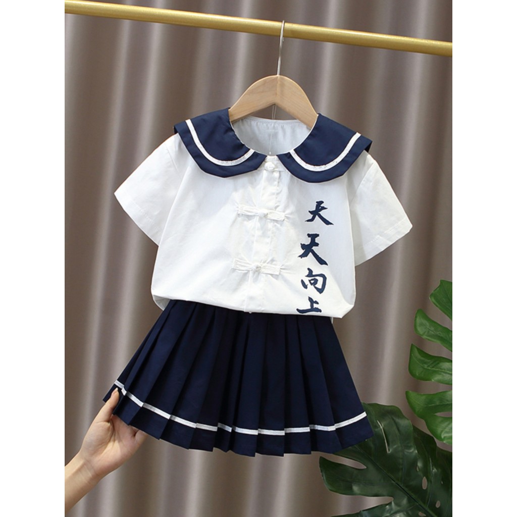 Meninas terno de verão novo estilo crianças moda estilo marinho de manga curta terno de duas peças bebê moda estilo chin