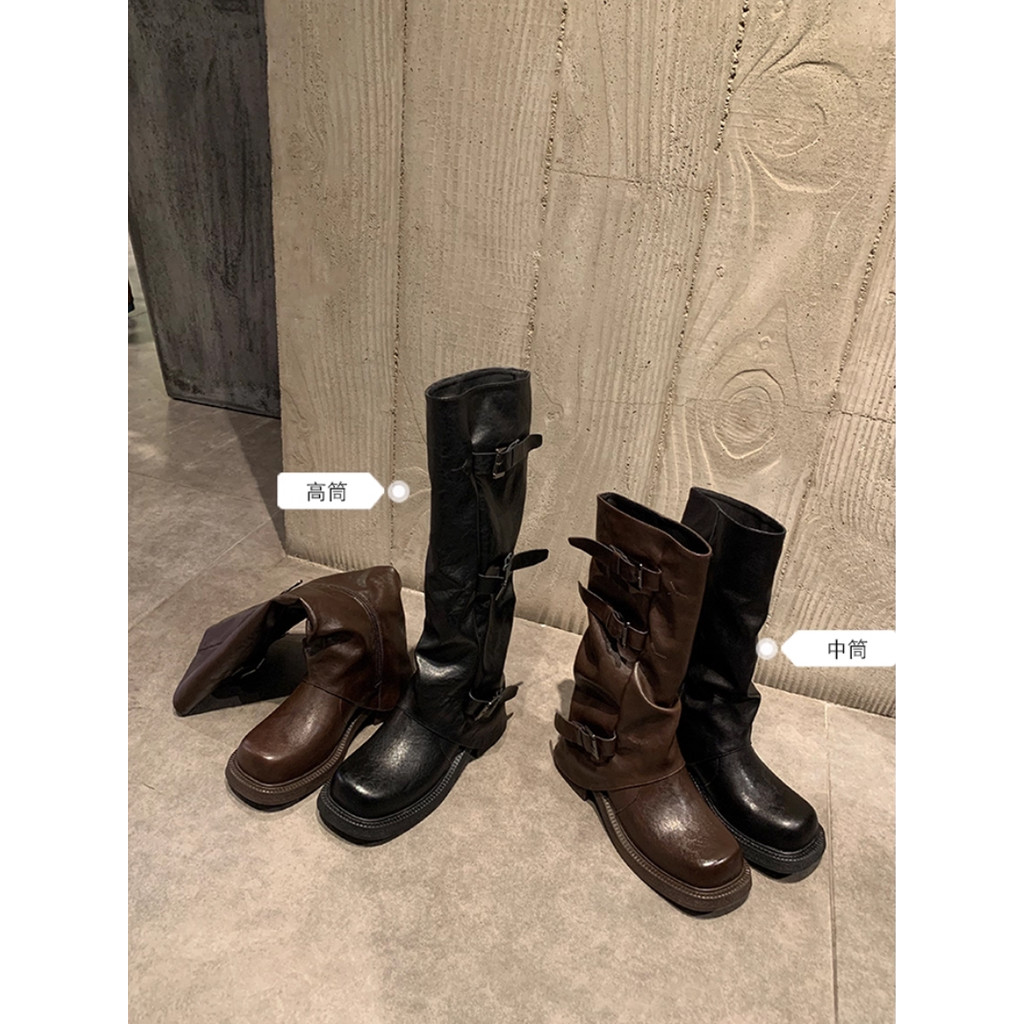 Calças de sola grossa botas femininas outono cavaleiro botas femininas salto grosso aumentando fivela cinto moda meados 
