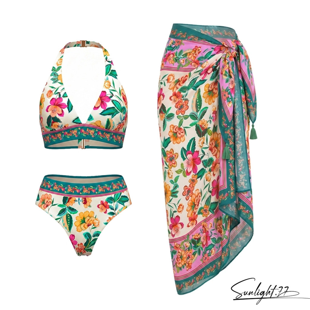 Conjunto de biquíni feminino de 3 peças com estampa floral tropical, decote em V, alças no pescoço e cintura alta.