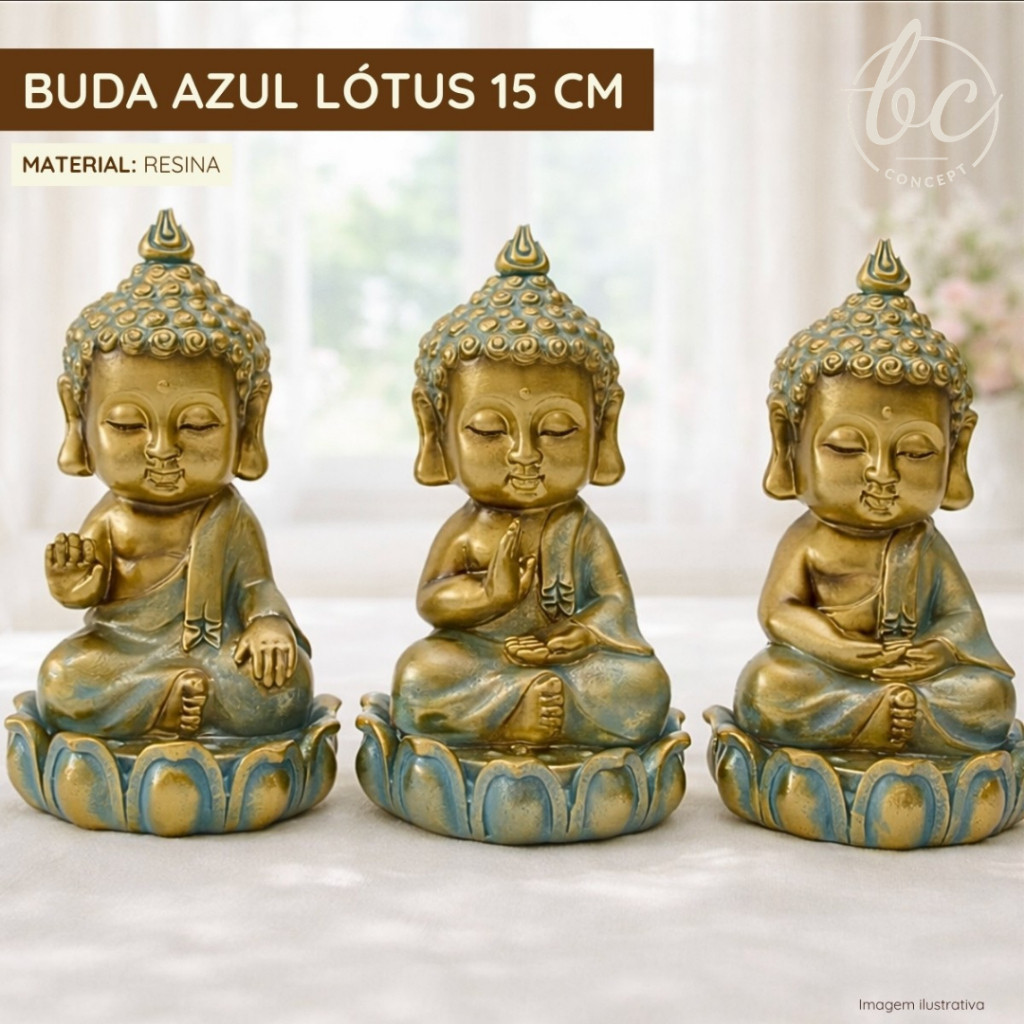 Imagem Buda Azul Lótus Decorativo Resina Baby Zen Estátua Meditação Sala Quarto Ambiente