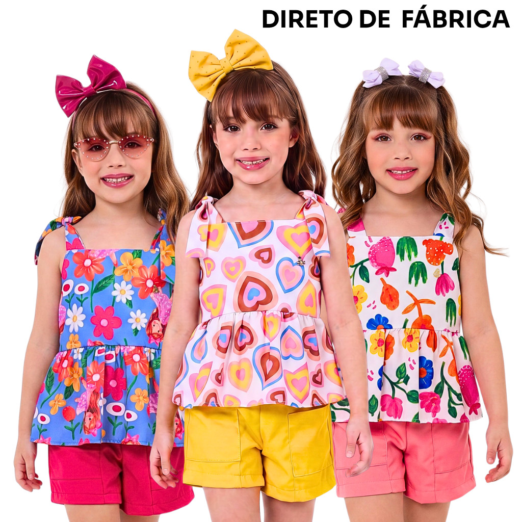 Conjunto infantil menina moda premium blogueira blusa e shorts princesa confortavel estampados tamanhos 2 4 6 8 10